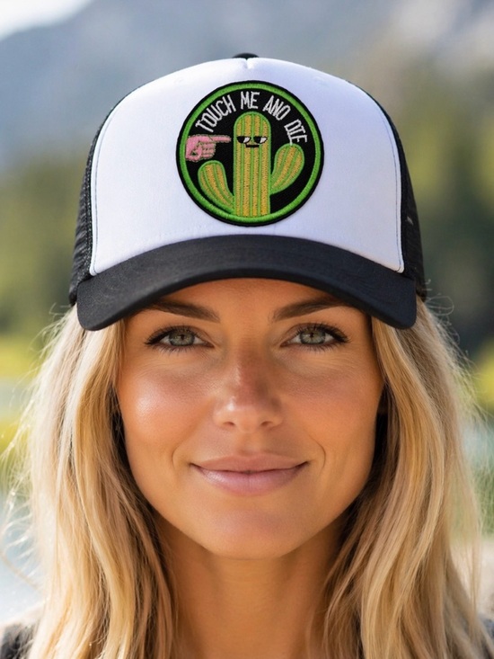 Hand Crafted Accessories - “Touch me and Die” Hand Crafted Trucker Hat with Cactus Patch